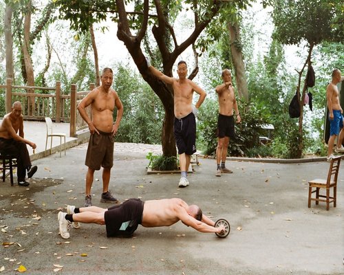 Man stretching his body outdoor exercise